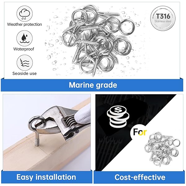 Muzata Muzata 20PCS 2 Inch Eye Screws T316 Stainless Steel Eye Hook Screws for Wood Indoor Outdoor Use - View 3 of 5