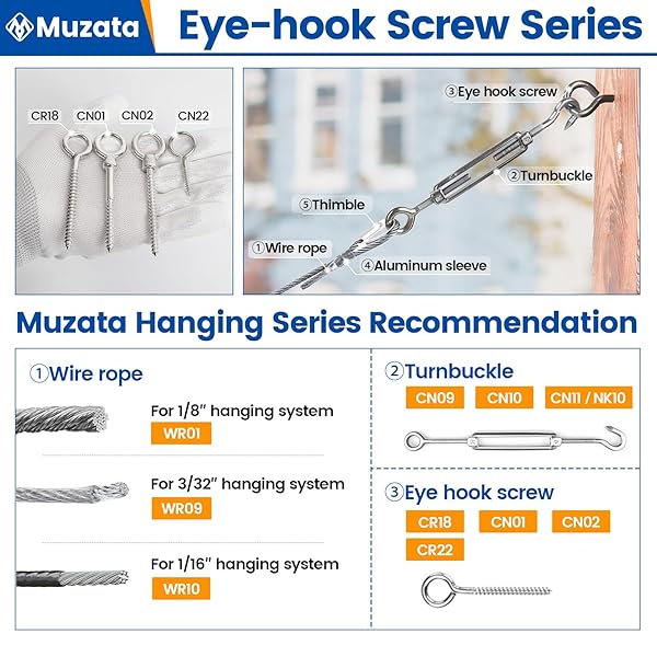 Muzata Muzata 20PCS 2 Inch Eye Screws T316 Stainless Steel Eye Hook Screws for Wood Indoor Outdoor Use - View 4 of 5