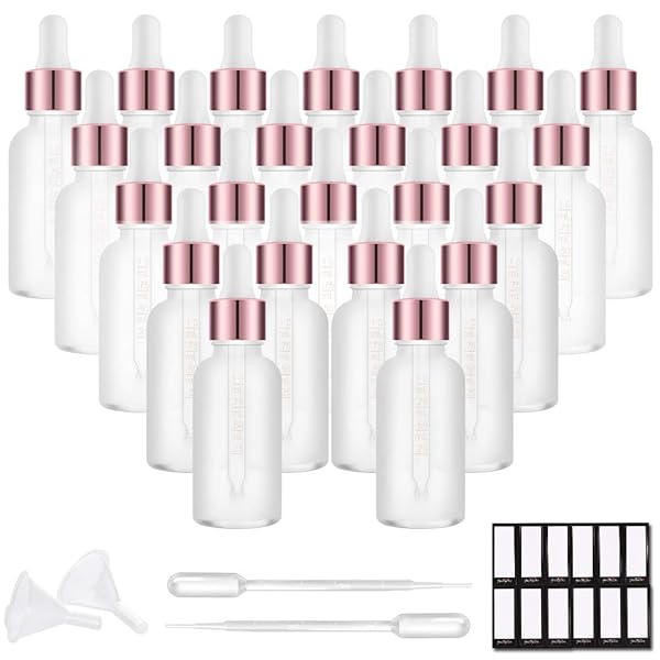 PrettyCare PrettyCare 1 oz Eye Dropper Bottle 24 Pack Frosted Glass with White Gold Caps Labels Funnel Measured Pipettes for Essential Oils Perfume