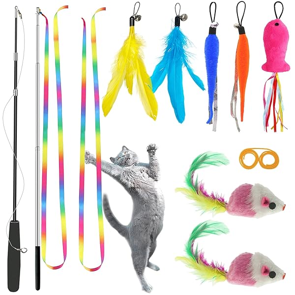 ZPH ZPH Cat Toys Interactive Feather Variety Pack for Cats Includes Wand Fluffy Mouse Worms and Fish for Fun and Exercise