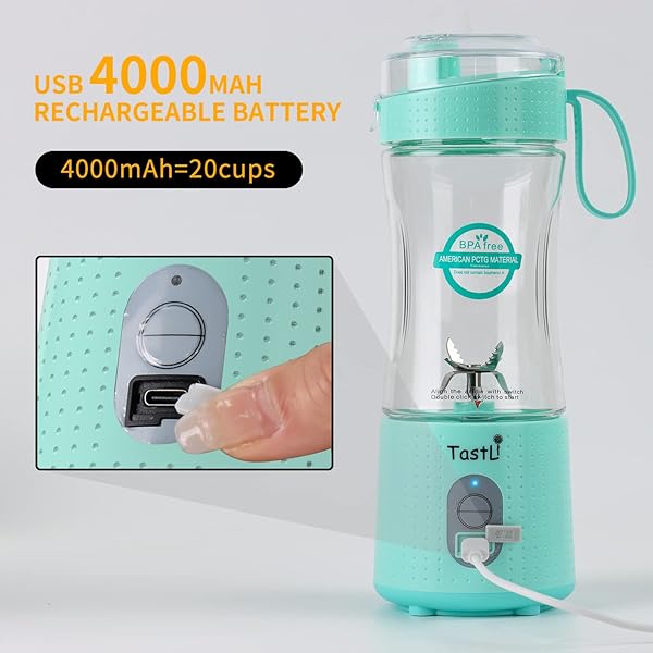 TastLi Portable Mini Blender for Smoothies and Shakes USB Rechargeable Cordless Sky Blue - View 4 of 6