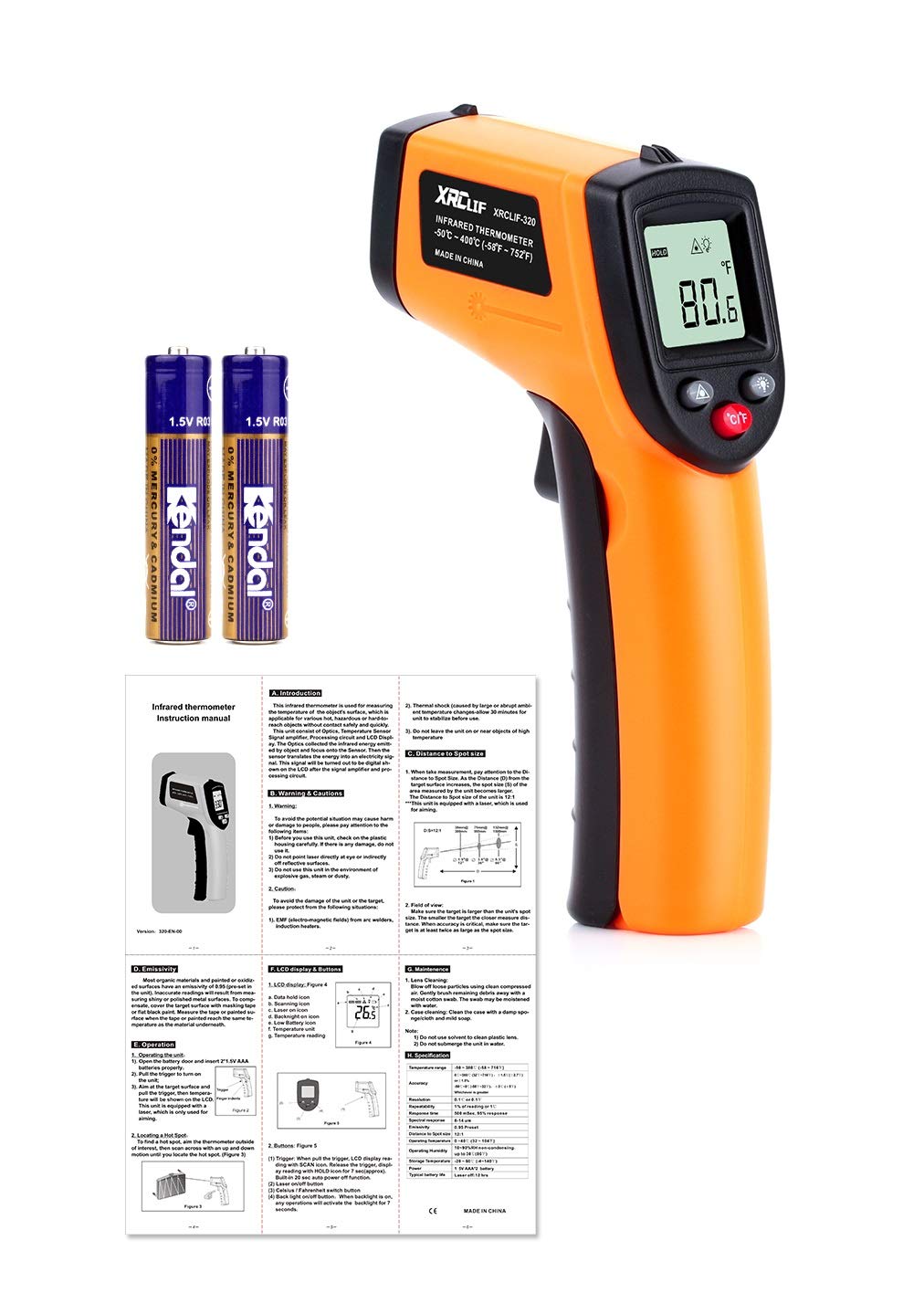 Digital Infrared Thermometer Tool Gun Non-Contact Laser Temperature Gun for Cooking Industry and Automobile Max Min Measure -58F to 752F - View 7 of 7
