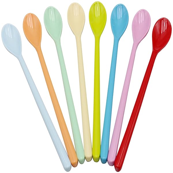 Goeielewe Set of 8 Colorful Melamine Mixing Spoons - Long Espresso, Latte, Dessert & Cocktail Stirring Spoons (8.8-Inch)