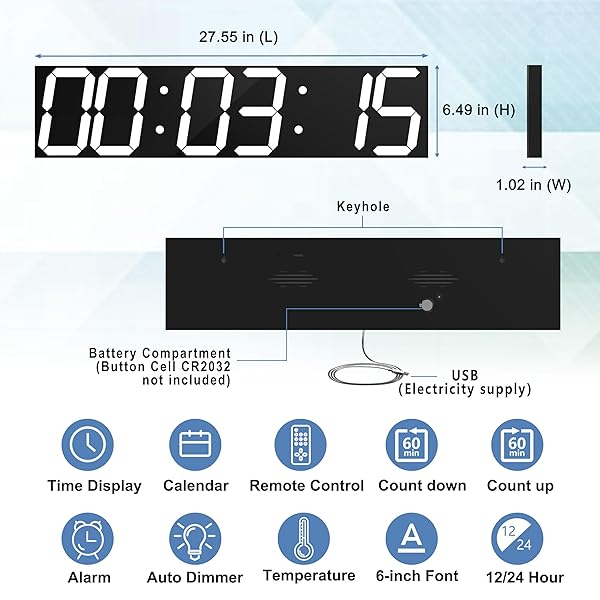 CHKOSDA CHKOSDA Oversize Digital Wall Clock with Remote Control Huge Countdown Timer 27 Inch LED Display Auto Dimmer Date and Temperature White - View 2 of 6