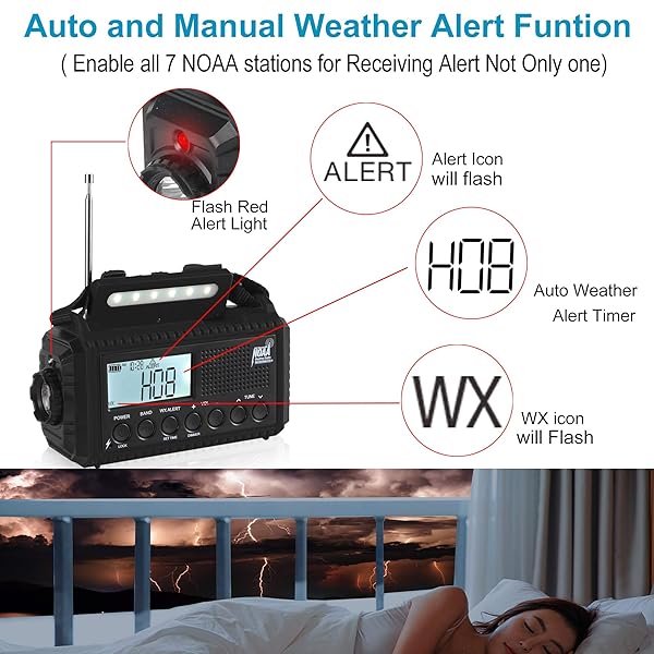 Mesqool Auto NOAA Digital 5000 Weather Radio Portable Emergency Radio with Backlit LCD Solar Hand Crank Phone Charger Camping Flashlight and SOS - View 3 of 6