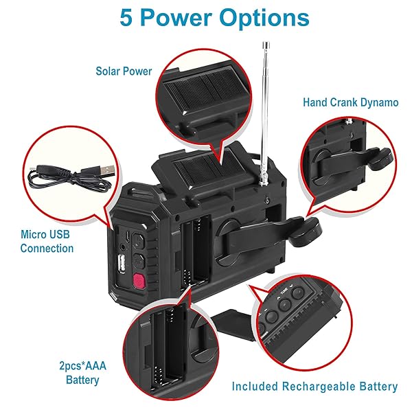 Mesqool Auto NOAA Digital 5000 Weather Radio Portable Emergency Radio with Backlit LCD Solar Hand Crank Phone Charger Camping Flashlight and SOS - View 4 of 6