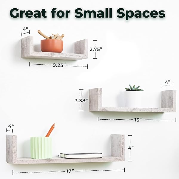 Greenco Greenco Set of 3 Floating U Shelves Easy to Assemble Wall Mount Shelves for Bedrooms and Living Rooms Rustic White Finish - View 3 of 7