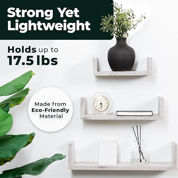 Greenco Greenco Set of 3 Floating U Shelves Easy to Assemble Wall Mount Shelves for Bedrooms and Living Rooms Rustic White Finish - View 4 of 7