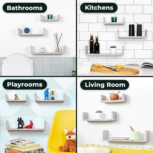 Greenco Greenco Set of 3 Floating U Shelves Easy to Assemble Wall Mount Shelves for Bedrooms and Living Rooms Rustic White Finish - View 6 of 7