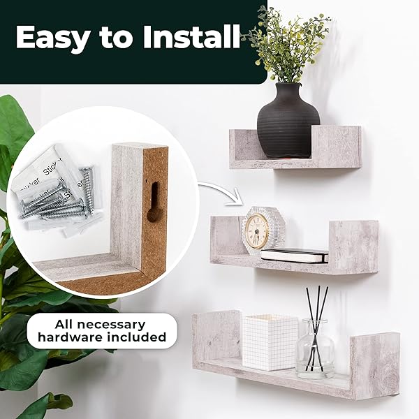Greenco Greenco Set of 3 Floating U Shelves Easy to Assemble Wall Mount Shelves for Bedrooms and Living Rooms Rustic White Finish - View 7 of 7