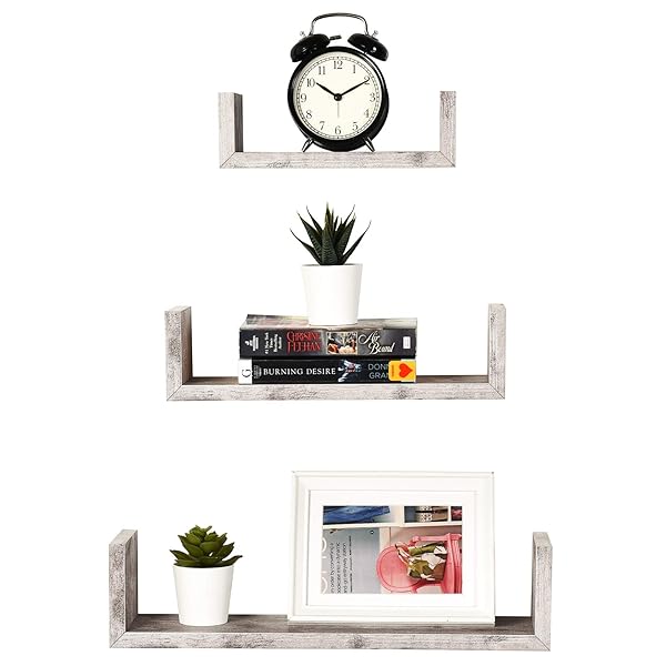 Greenco Greenco Set of 3 Floating U Shelves Easy to Assemble Wall Mount Shelves for Bedrooms and Living Rooms Rustic White Finish - View 2 of 7