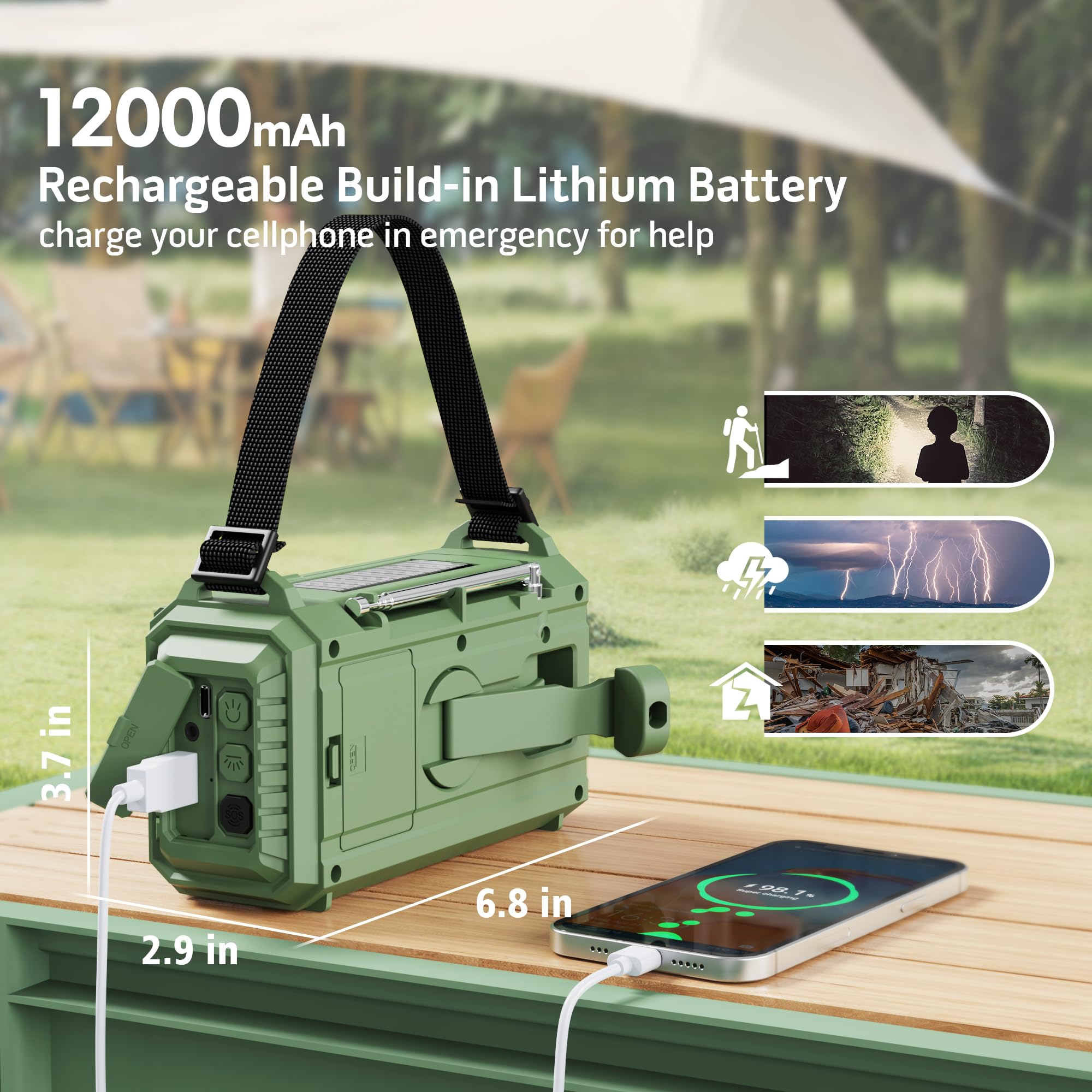 Emergency Weather Radio Solar Hand Crank AM FM NOAA Portable with LCD Display SOS Flashlight Reading Lamp and Cellphone Charger - View 3 of 8