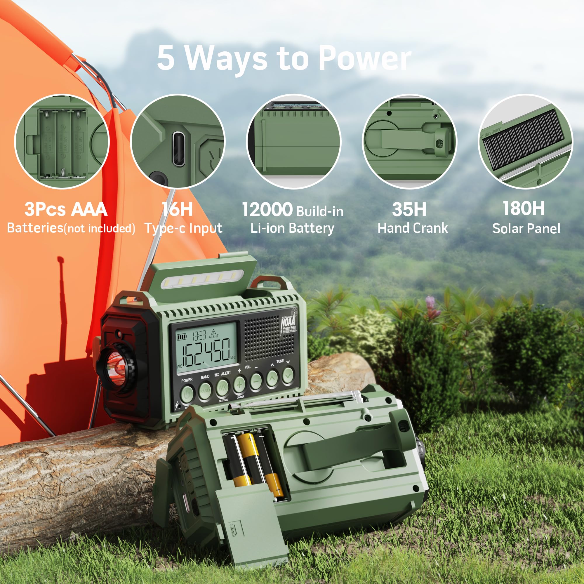 Emergency Weather Radio Solar Hand Crank AM FM NOAA Portable with LCD Display SOS Flashlight Reading Lamp and Cellphone Charger - View 4 of 8