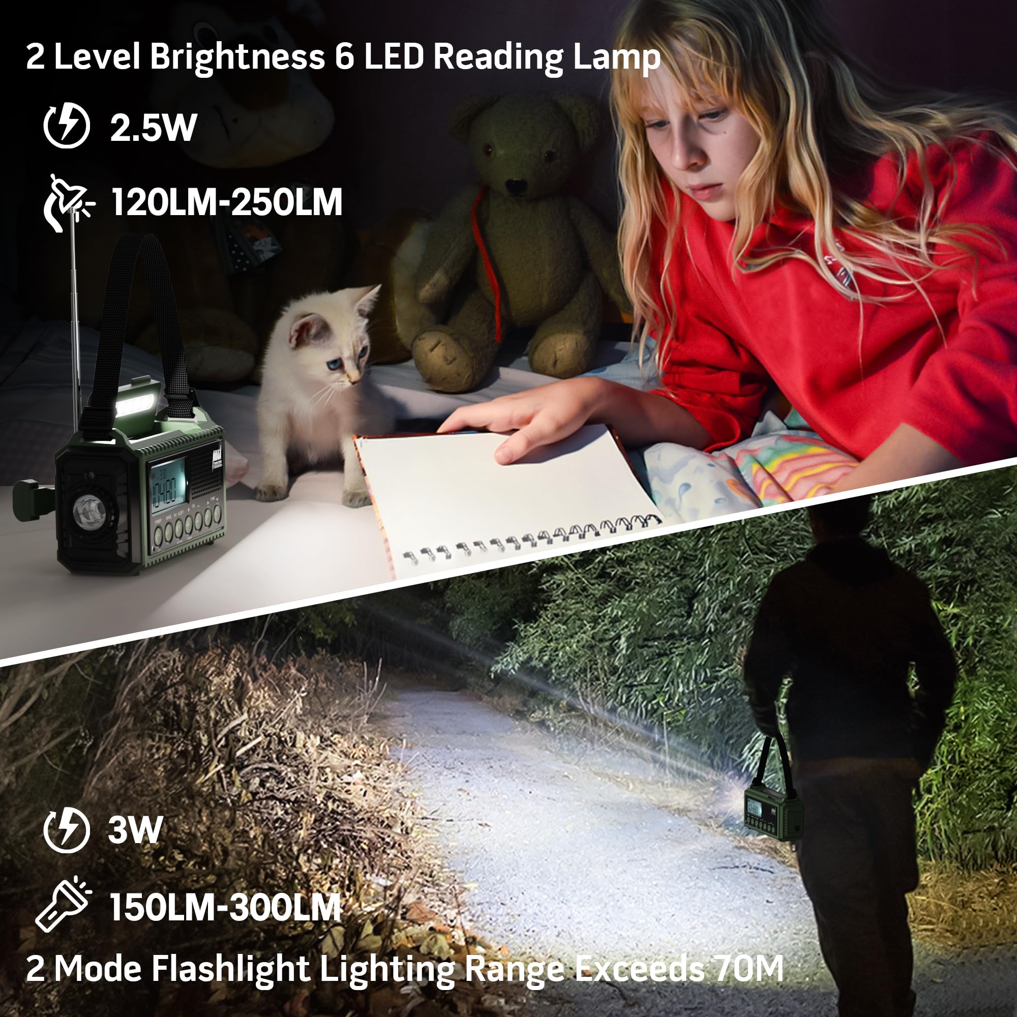 Emergency Weather Radio Solar Hand Crank AM FM NOAA Portable with LCD Display SOS Flashlight Reading Lamp and Cellphone Charger - View 6 of 8