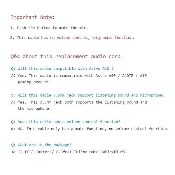 MQDITH MQDITH Replacement Audio Cable for Astro A40 A40TR Gaming Headset Inline Mute Wire Blue - View 9 of 9