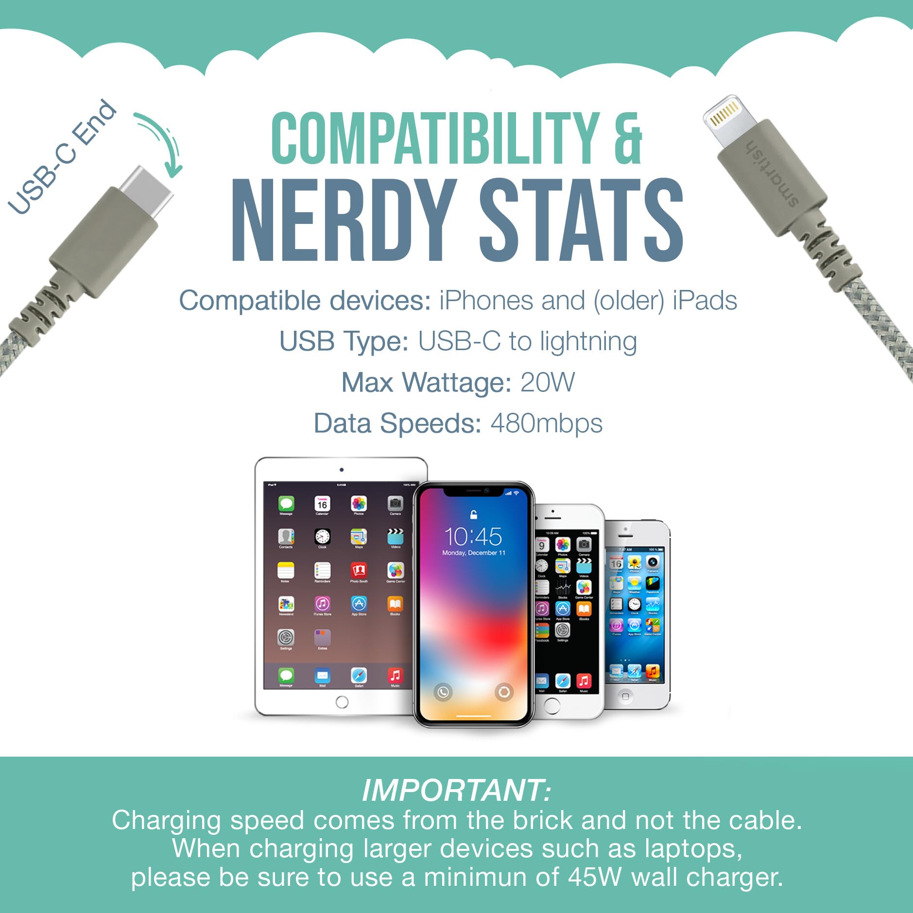 Smartish Smartish USB-C to Lightning Cable 6 Foot Fast Charging for iPhone 15 14 MFi Certified Beige - View 5 of 9