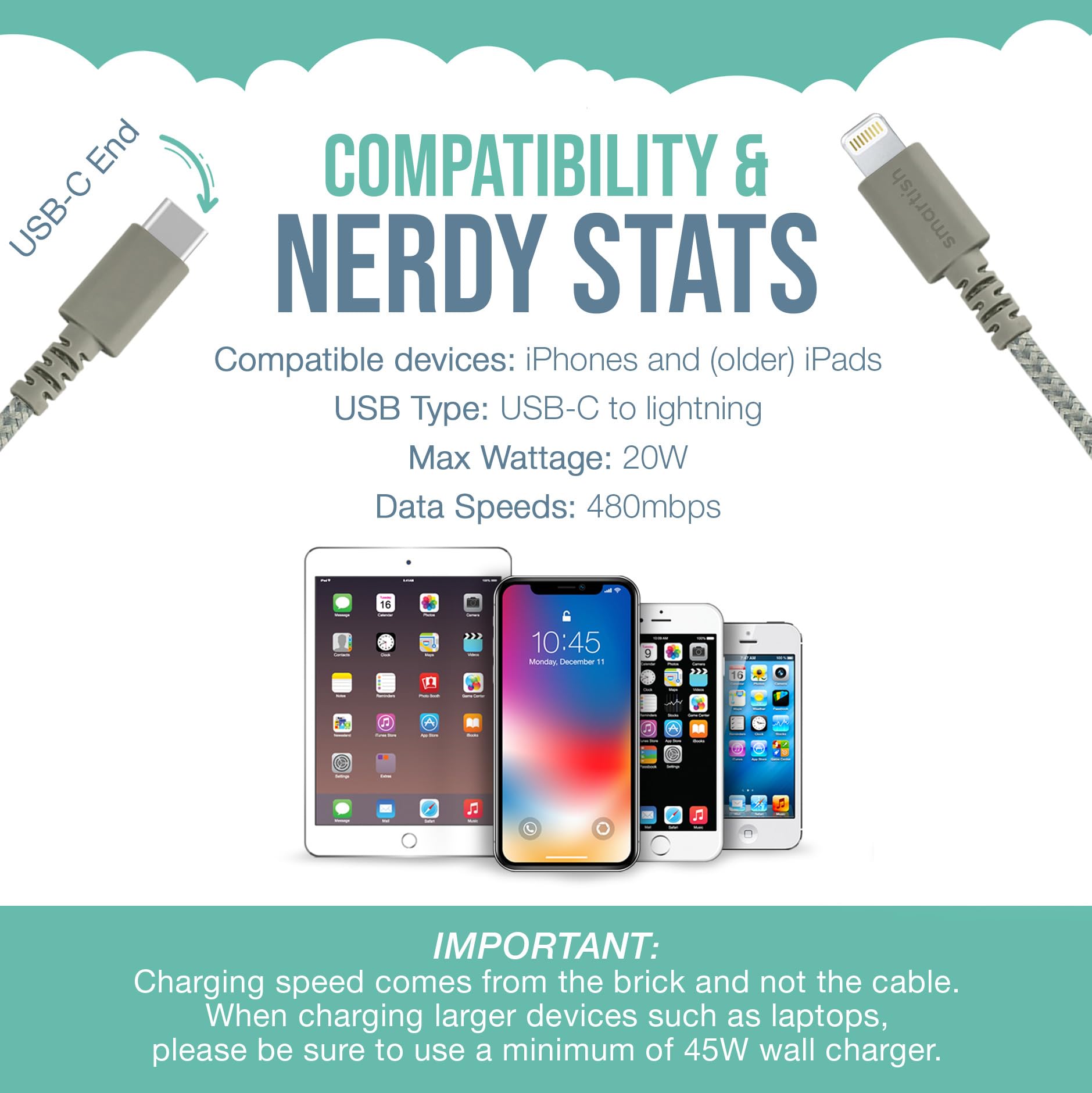 Smartish Smartish USB-C to Lightning Cable 6 Foot Fast Charging for iPhone 15 14 MFi Certified Beige - View 6 of 9