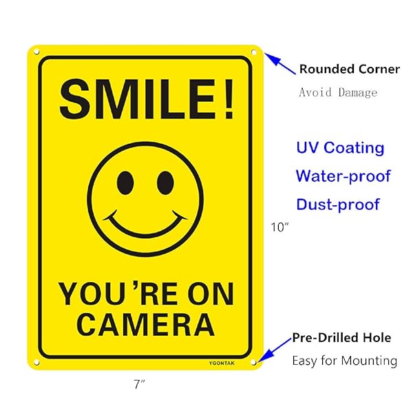 YGONTAK 2Pcs Smile Youre On Camera Sign Reflective Video Surveillance 10x7 Inch Aluminum UV Protected for CCTV Security - View 3 of 5
