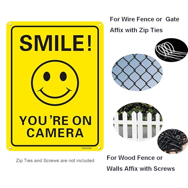 YGONTAK 2Pcs Smile Youre On Camera Sign Reflective Video Surveillance 10x7 Inch Aluminum UV Protected for CCTV Security - View 4 of 5