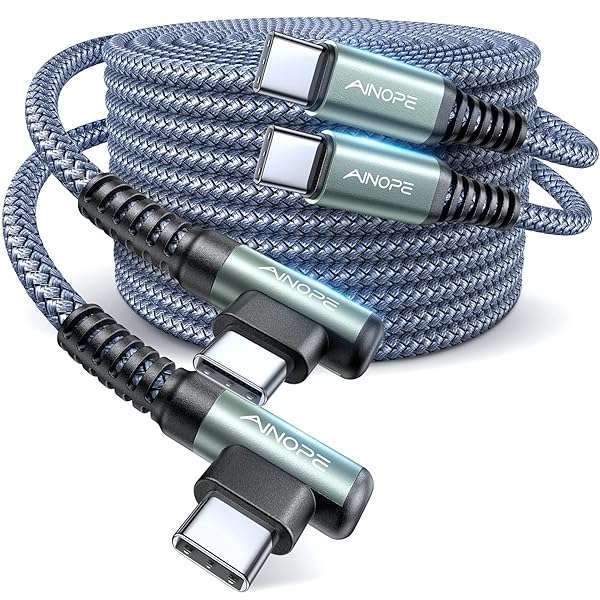 AINOPE AINOPE 60W USB C Cable 2-Pack 6.6ft - Fast Charging Right Angle Type C Charger for iPhone 16 Pro Max, Samsung S25 Ultra, iPad Pro