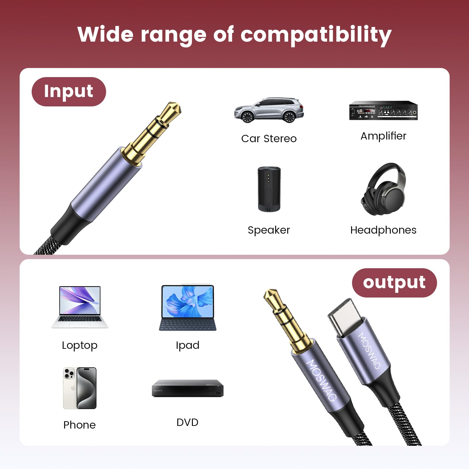 MOSWAG 2 in 1 3.5mm Aux Cable and USB C to AUX Adapter 3.28FT Male to Male for Headphones Car Home Stereo Speaker - View 2 of 6