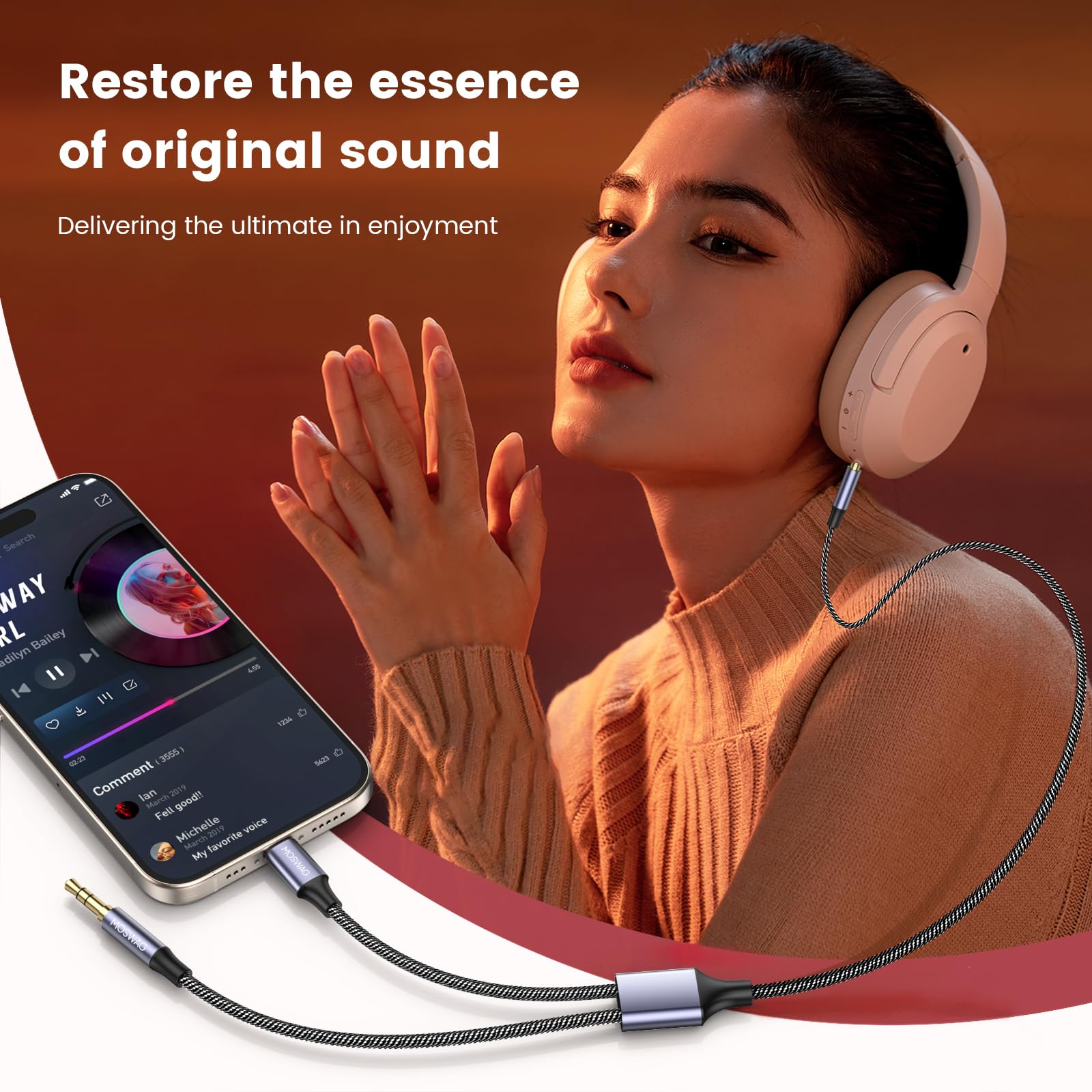 MOSWAG 2 in 1 3.5mm Aux Cable and USB C to AUX Adapter 3.28FT Male to Male for Headphones Car Home Stereo Speaker - View 3 of 6