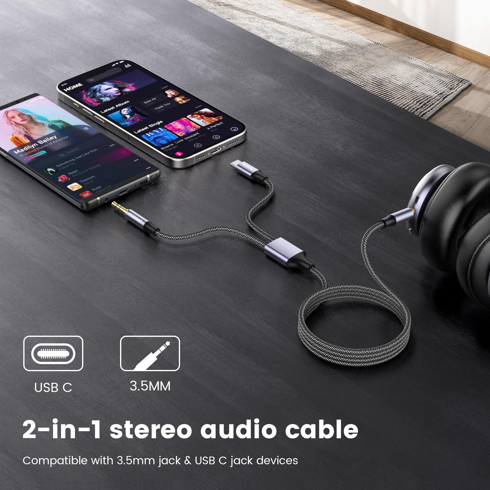 MOSWAG 2 in 1 3.5mm Aux Cable and USB C to AUX Adapter 3.28FT Male to Male for Headphones Car Home Stereo Speaker - View 5 of 6
