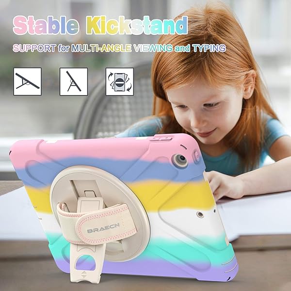 BRAECN BRAECN iPad Case for 6th 5th Generation Kids Rugged Friendly with Pencil Holder Shoulder Strap Hand Strap Kickstand Light Rainbow - View 5 of 8