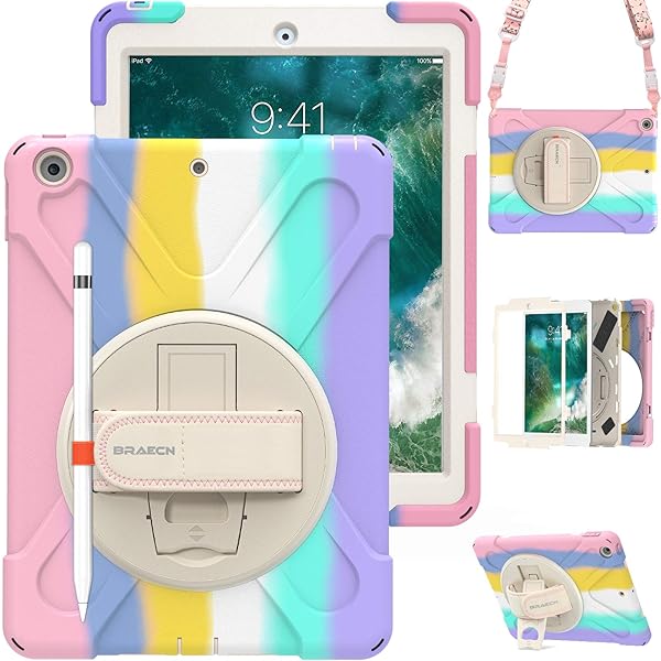 BRAECN BRAECN iPad Case for 6th 5th Generation Kids Rugged Friendly with Pencil Holder Shoulder Strap Hand Strap Kickstand Light Rainbow - View 2 of 8