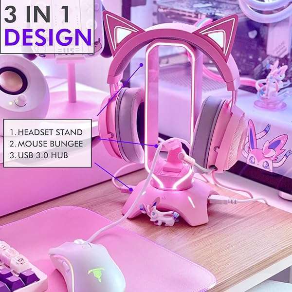 Tilted Nation Stylish Pink RGB Gaming Headphone Stand with Mouse Bungee & USB Hub - Perfect Gamer Girl Desk Accessory - View 3 of 9