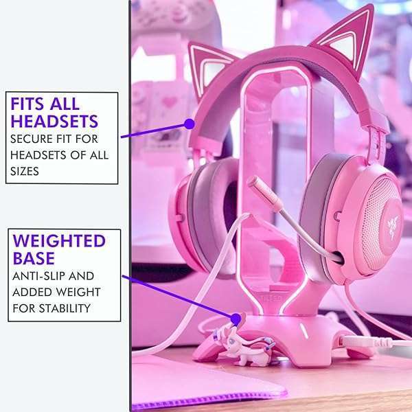 Tilted Nation Stylish Pink RGB Gaming Headphone Stand with Mouse Bungee & USB Hub - Perfect Gamer Girl Desk Accessory - View 4 of 9