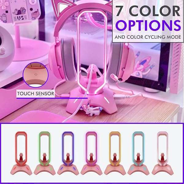 Tilted Nation Stylish Pink RGB Gaming Headphone Stand with Mouse Bungee & USB Hub - Perfect Gamer Girl Desk Accessory - View 5 of 9