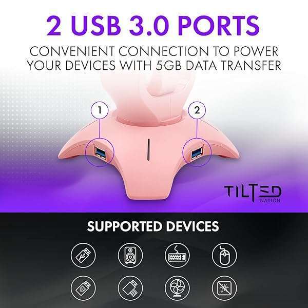 Tilted Nation Stylish Pink RGB Gaming Headphone Stand with Mouse Bungee & USB Hub - Perfect Gamer Girl Desk Accessory - View 6 of 9
