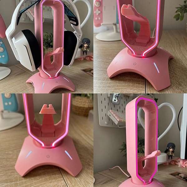 Tilted Nation Stylish Pink RGB Gaming Headphone Stand with Mouse Bungee & USB Hub - Perfect Gamer Girl Desk Accessory - View 9 of 9