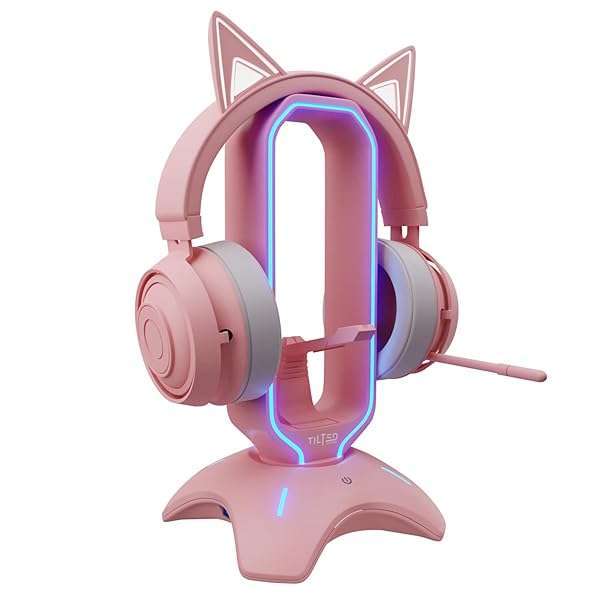 Tilted Nation Stylish Pink RGB Gaming Headphone Stand with Mouse Bungee & USB Hub - Perfect Gamer Girl Desk Accessory