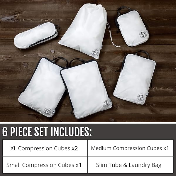 TRIPPED Travel Gear Large Compression Packing Cubes 6 Piece Set with Lightweight Laundry Bag for Travel by TRIPPED Travel Gear White - View 3 of 8