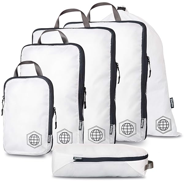 TRIPPED Travel Gear Large Compression Packing Cubes 6 Piece Set with Lightweight Laundry Bag for Travel by TRIPPED Travel Gear White - View 2 of 8