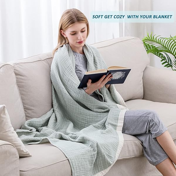 SE SOFTEXLY SE SOFTEXLY Cotton Muslin Blankets 4 Layer Lightweight Soft Breathable Thermal Throw Blanket for All Season in Sage Green 50x60 - View 5 of 8