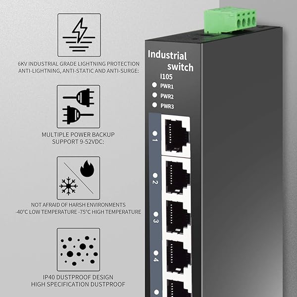 STEAMEMO STEAMEMO 5-Port Industrial Ethernet Switch DIN-Rail Mount 100Mbps Ports 1Gbps Switching Rugged Metal Housing Lifetime Protection - View 4 of 8