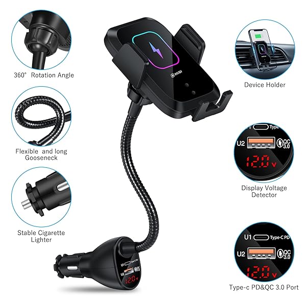 HVDI HVDI Wireless Car Charger Mount 15W Qi Fast Charging Auto-Clamping Phone Holder for iPhone and Samsung Models - View 4 of 7
