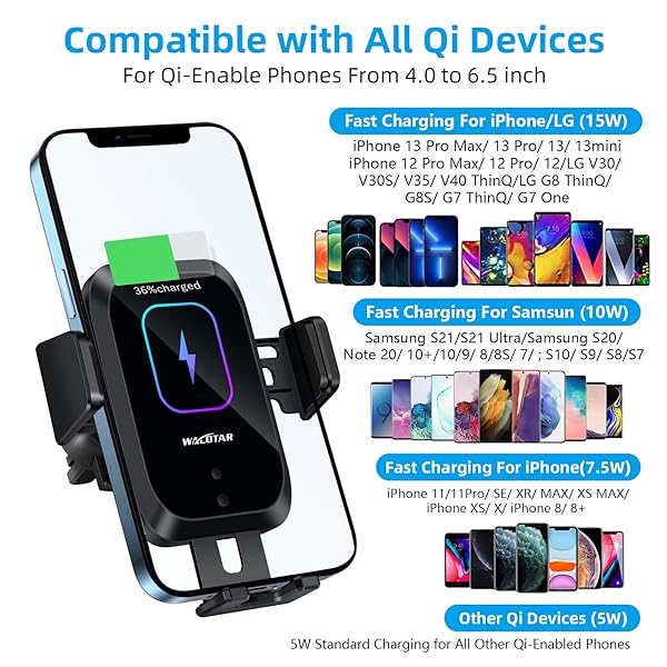 HVDI HVDI Wireless Car Charger Mount 15W Qi Fast Charging Auto-Clamping Phone Holder for iPhone and Samsung Models - View 6 of 7