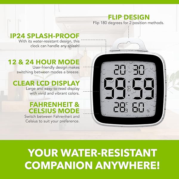 BALDR BALDR Digital Bathroom Clock Waterproof Shower Clock with Timer Time and Temperature for Kids and Adults Black - View 7 of 7