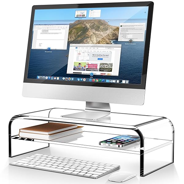 AboveTEK 2-Tier Acrylic Monitor Stand Clear Computer Riser for Home Office Multi Monitor Desk Stand for iMac Laptop Printer TV