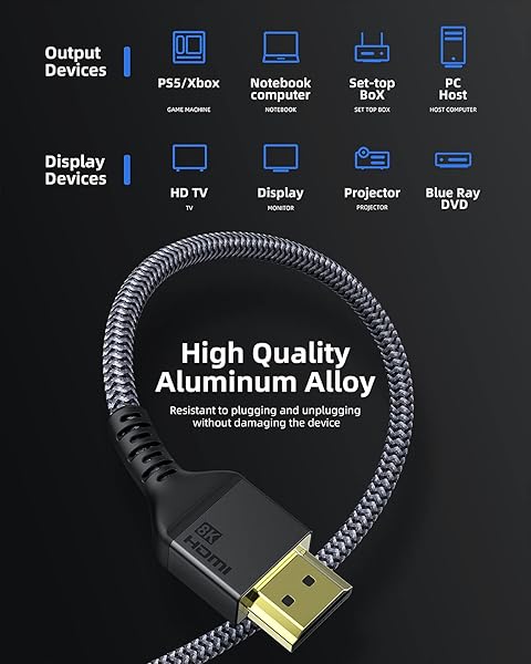 Maxonar Maxonar PS5 HDMI Cable 6FT Ultra High Speed 10K 8K60 4K120Hz 144Hz 48Gbps for PlayStation 5 Xbox Series X Apple TV Roku Sony TV - View 6 of 7
