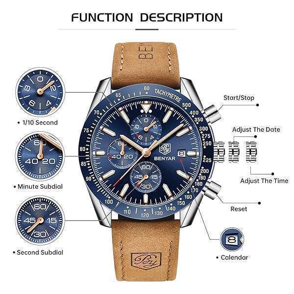 BENYAR BENYAR Men's Quartz Chronograph Watch - Stylish, Waterproof Leather Strap Gift for Business & Sport - View 3 of 9