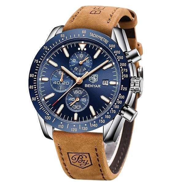 BENYAR Men's Quartz Chronograph Watch - Stylish, Waterproof Leather Strap Gift for Business & Sport