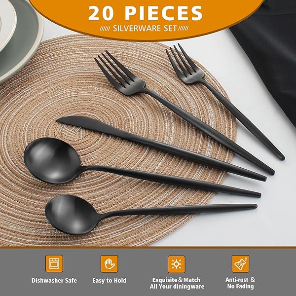 Oliviola Oliviola Matte Black Silverware Set 20-Piece Stainless Steel Flatware Service for 4 Satin Finish Dishwasher Safe Kitchen Utensils - View 4 of 7