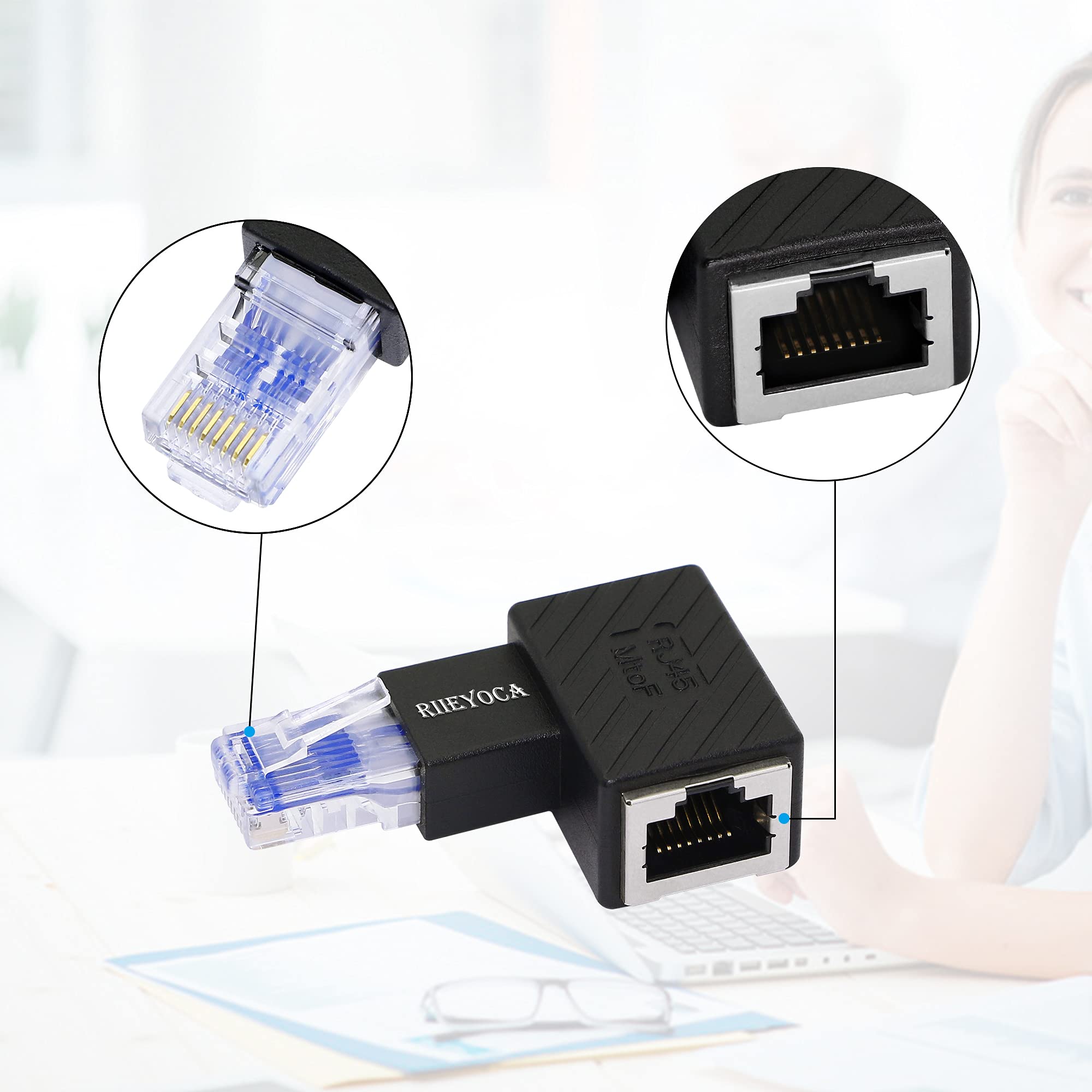 RIIEYOCA 90 Degree Ethernet Adapter Right Angle RJ45 Male to Female Extension Cat6 LAN Connector for Computers Laptops Routers 2 Pack - View 2 of 7