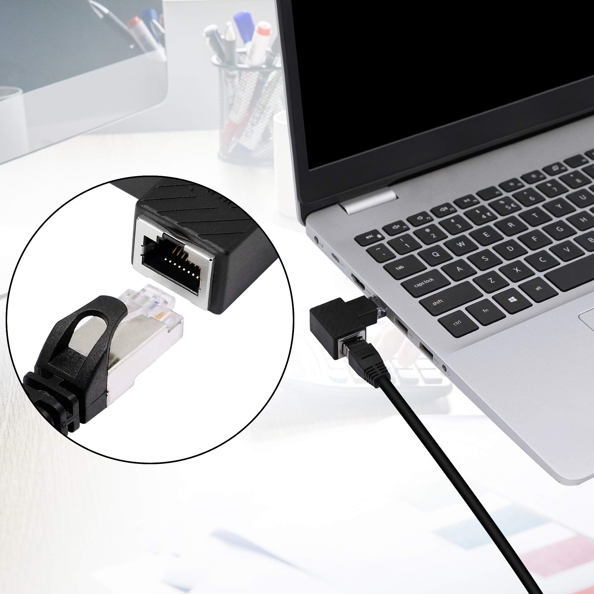 RIIEYOCA 90 Degree Ethernet Adapter Right Angle RJ45 Male to Female Extension Cat6 LAN Connector for Computers Laptops Routers 2 Pack - View 3 of 7