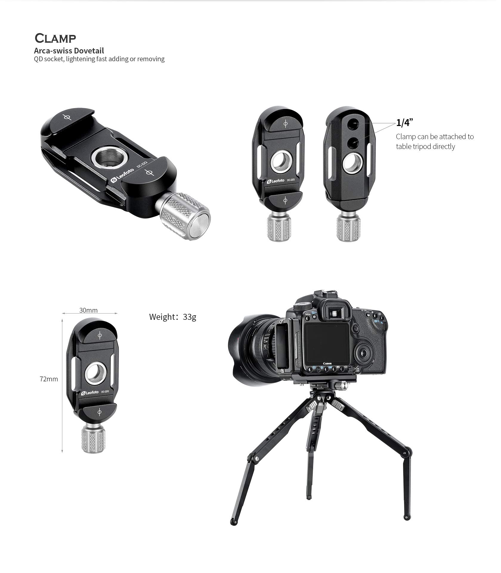 Leofoto SP-01 DC-22Q QD Strap and Clamp Kit with Arca Swiss Dovetail Clamp and Two 1/4-20 Tripod Sockets - View 6 of 8